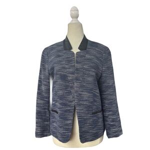 Ann Taylor navy & white heathered jacket blazer cotton w leather trim 10 petite